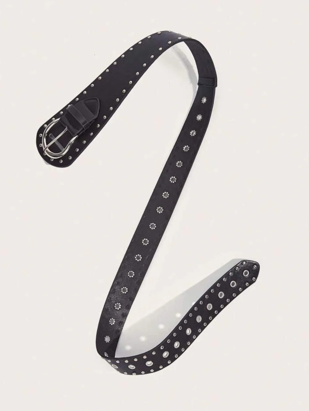 Black Studded Wide Leather Belt with Antique Silver Buckle
